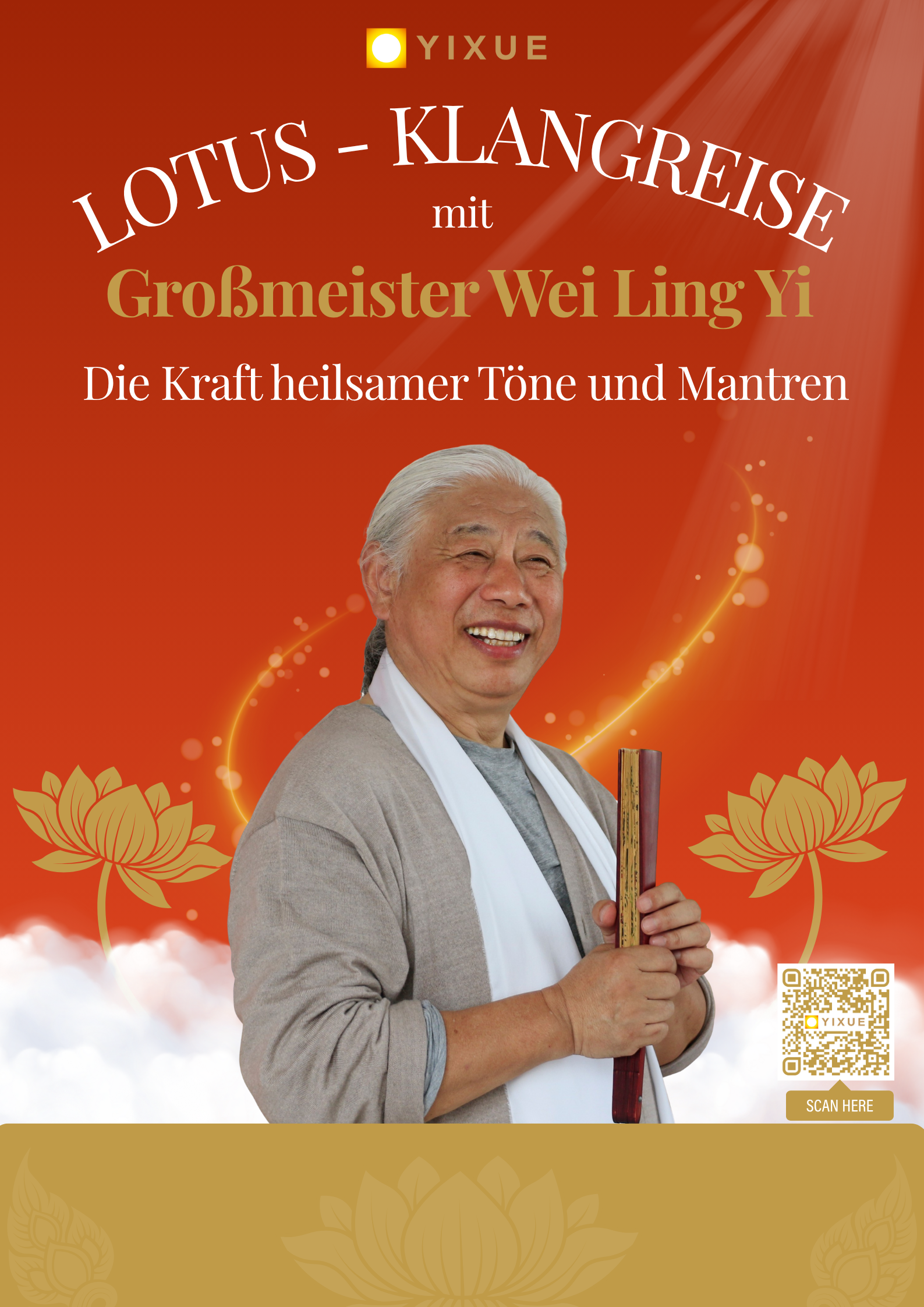 event - Eine große spirituelle Weisheitslehre in die Welt zu bringen, ist eine herausfordernde Mission. Großmeister Wei Ling Yi begann diesen Weg schon in seiner Kindheit, erforschte, schulte und kultivierte sich selbst, heilte und lehrte bereits in jungen Jahren und gründete die Internationale Qigong Universität am Fuße des heiligen E Mei Berges in seiner Heimat in China. Nach 30 Jahren der Lehre im Osten machte er sich auf den Weg, um den Lotusweg, das DAO – den Weg der EINS – auch im Westen zu lehren. - Lotus - Klangreise Luxemburg