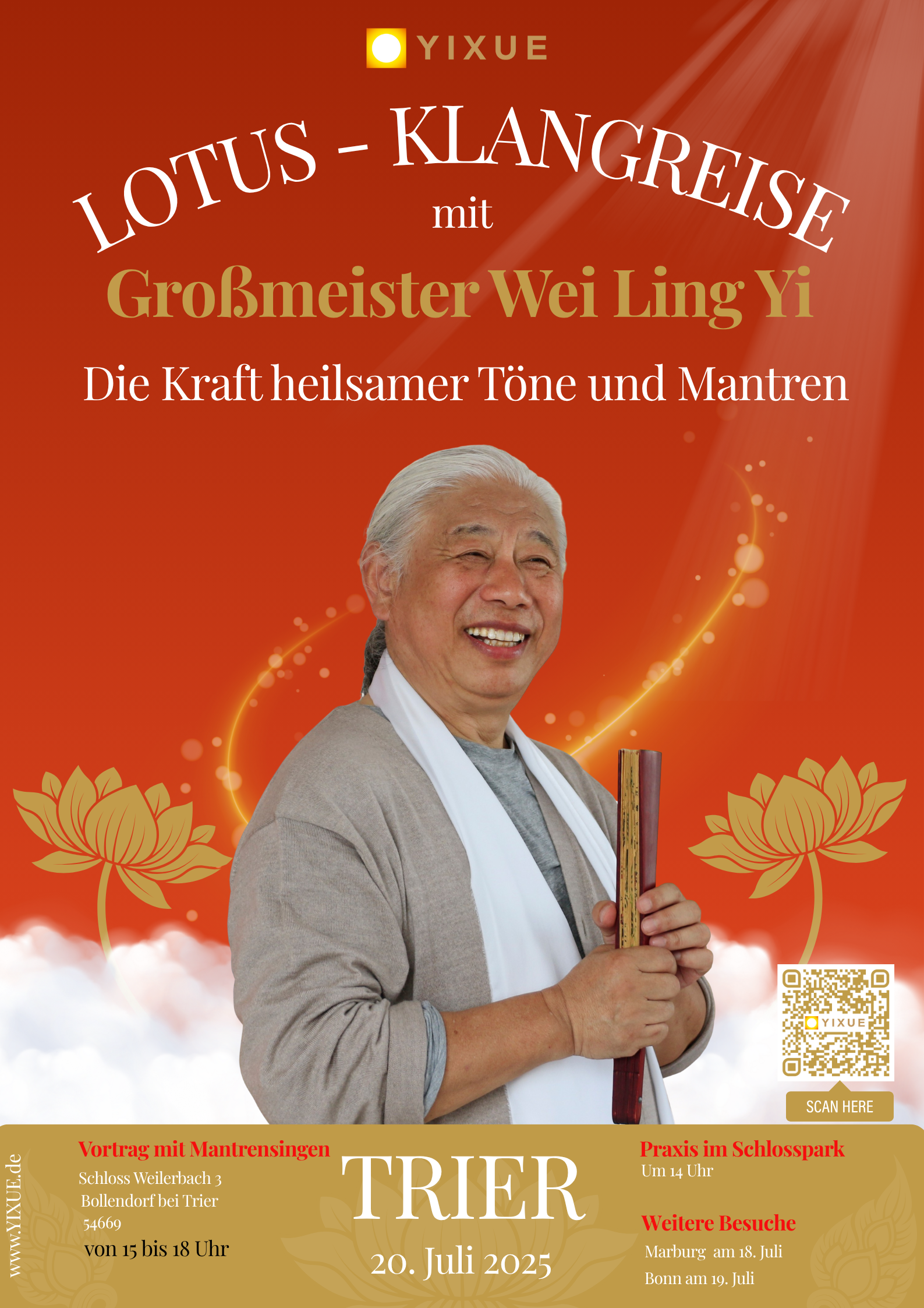 event - Eine große spirituelle Weisheitslehre in die Welt zu bringen, ist eine herausfordernde Mission. Großmeister Wei Ling Yi begann diesen Weg schon in seiner Kindheit, erforschte, schulte und kultivierte sich selbst, heilte und lehrte bereits in jungen Jahren und gründete die Internationale Qigong Universität am Fuße des heiligen E Mei Berges in seiner Heimat in China. Nach 30 Jahren der Lehre im Osten machte er sich auf den Weg, um den Lotusweg, das DAO – den Weg der EINS – auch im Westen zu lehren. - Lotus - Klangreise Trier