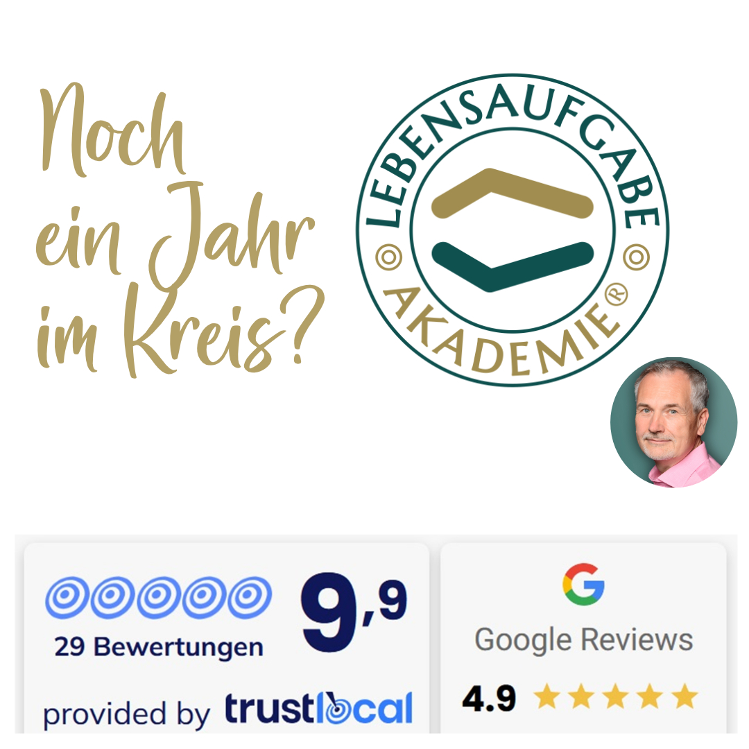 event - Noch ein Jahr im Kreis? Das Bild zeigt das Logo der Lebensaufgabe Akademie®, Das Bewertungsprofil von Google und Trustlocal und ein kreisrundes Profilbild von Stephan Möritz. - Noch ein Jahr im Kreis?