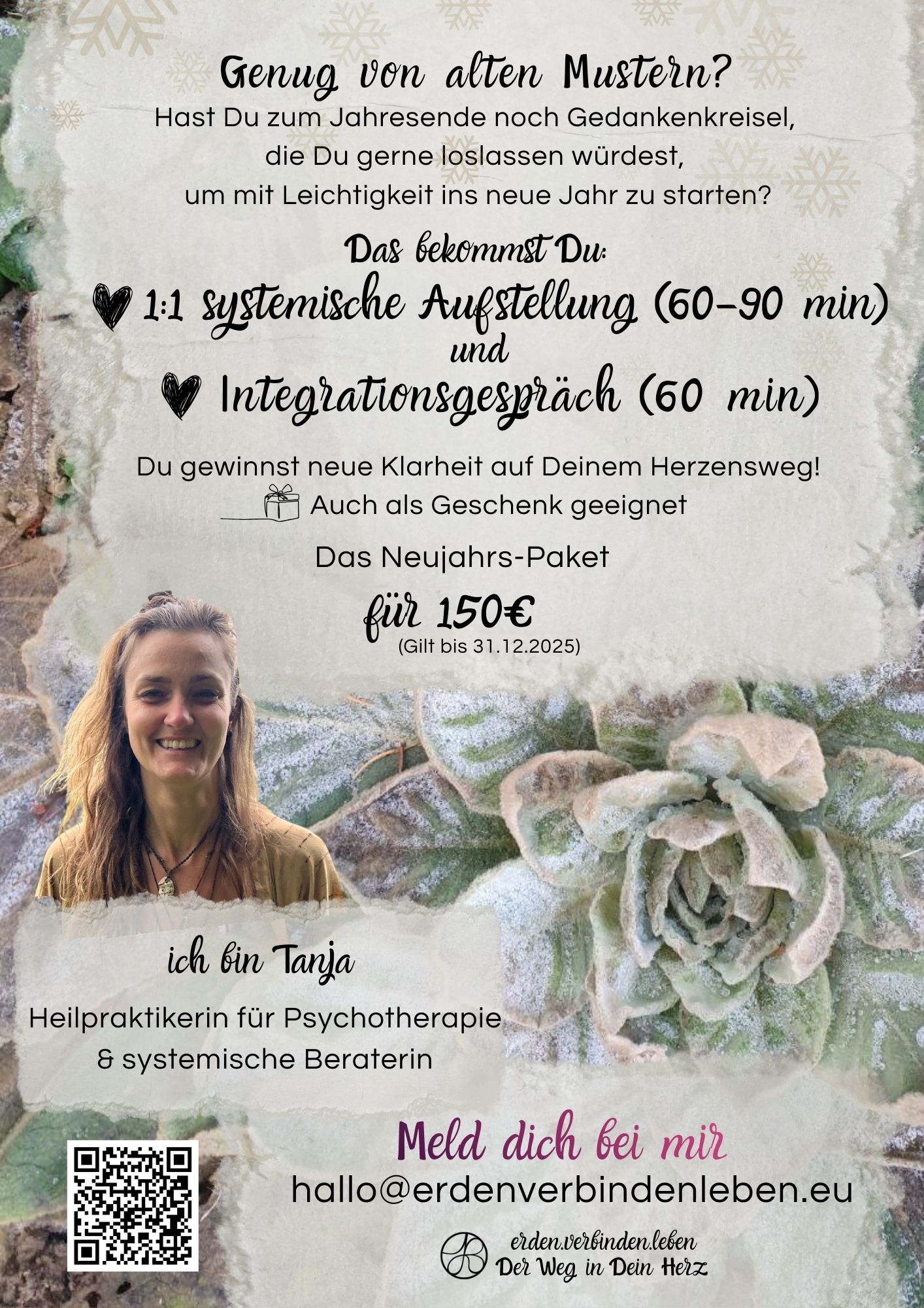 events - Bonn - Im Hintergrund sieht man die Blätter einer Königskerze, beschrieben wird ein Aufstellungsneujahrsangebot. Außerdem ist eine herzlich lächelnde Frau zu sehen, ein QR-Code zu Instagram und ein Aufruf zum Melden - Aufstellungs-Special zum Jahresende