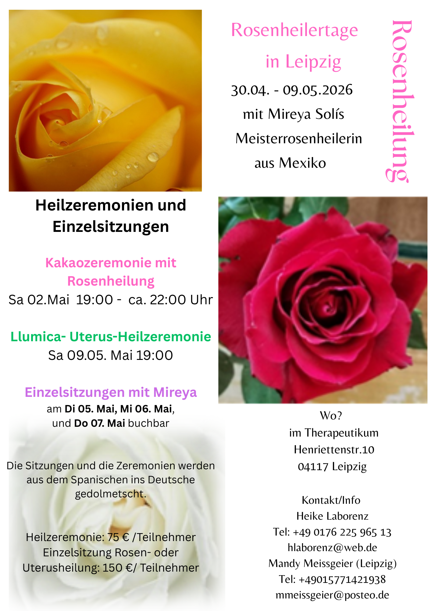 events - Kategorie: Kreieren - Deutschland - Mireya Solís ist Rosenheilerin der Meisterklasse und führt Altare von verschiedenen Heilsystemen in Nord - und Südamerika. Im April und Mai wird sie wieder in Deutschland sein, um Heilzeremonien durchzuführen und auch um die mexikanische Rosenheilung - ein umfassendes Heilsystem, das in 12 Modulen gelehrt wird - zu unterrichten. Mireya arbeitet mit der heiligen Medizin des Kakaos, mit Ofrendas und mit der sanften, doch alles durchdringenden Kraft der Rosen und der kosmischen Mutter. - Mexikanische Rosenheilung