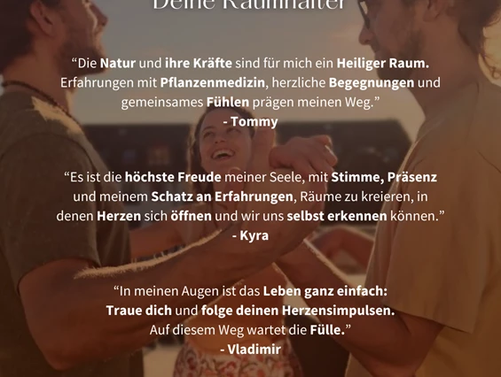 event: Über uns - als Raumhalter (neben all den Spirits und göttlichen Wesen, die noch da sind & halten) 
Mehr auf IG: www.instagram.com/kyra_feel.flow.grow/
www.instagram.com/vladimir.schanz/
www.instagram.com/tommy_heilungsweg/ - Medicine Day || Kakao | Singen | Sein